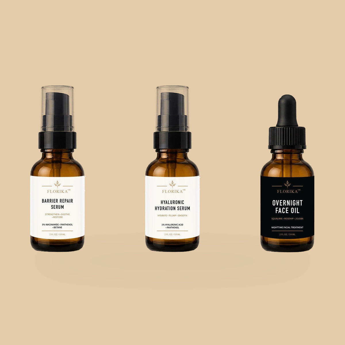 Florika Skin Barrier Trio gift set — Barrier Repair Serum, Hyaluronic Hydration Serum and Overnight Face Oil