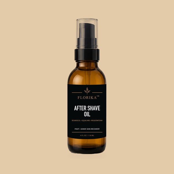 After Shave Oil by Florika — amber glass bottle with pump, post-shave skin recovery