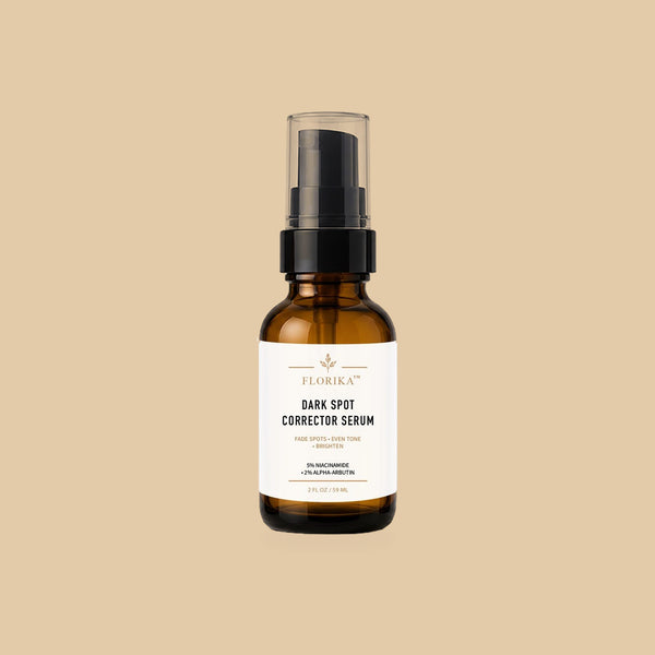 Dark Spot Corrector Serum by Florika — amber glass bottle with pump, niacinamide and alpha-arbutin
