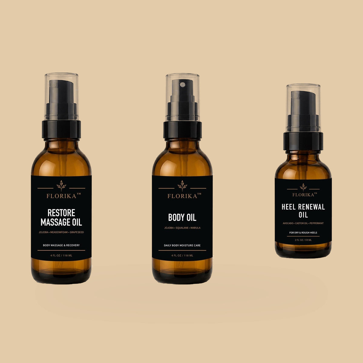 Florika Self-Care Trio gift set — Restore Massage Oil, Body Oil and Heel Renewal Oil