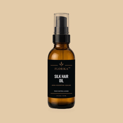 Silk Hair Oil by Florika — amber glass bottle with pump, frizz control and shine